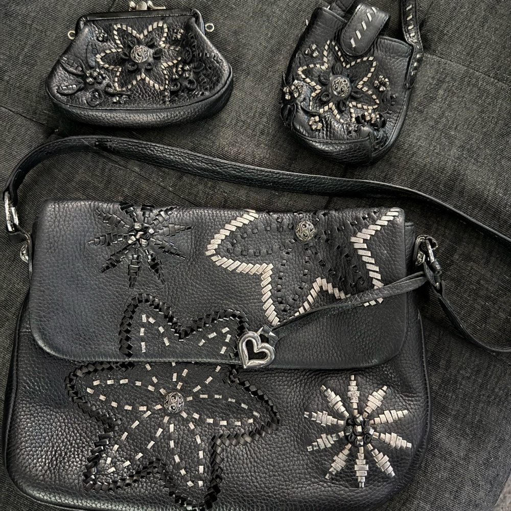 Black Brighton Leather Embroidered Women's Bag Set